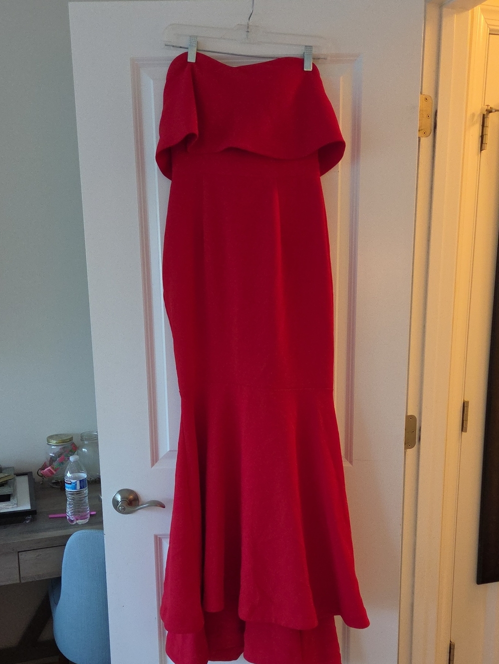 Xscape Strapless Red Mermaid Gown with Cascade Ruffle